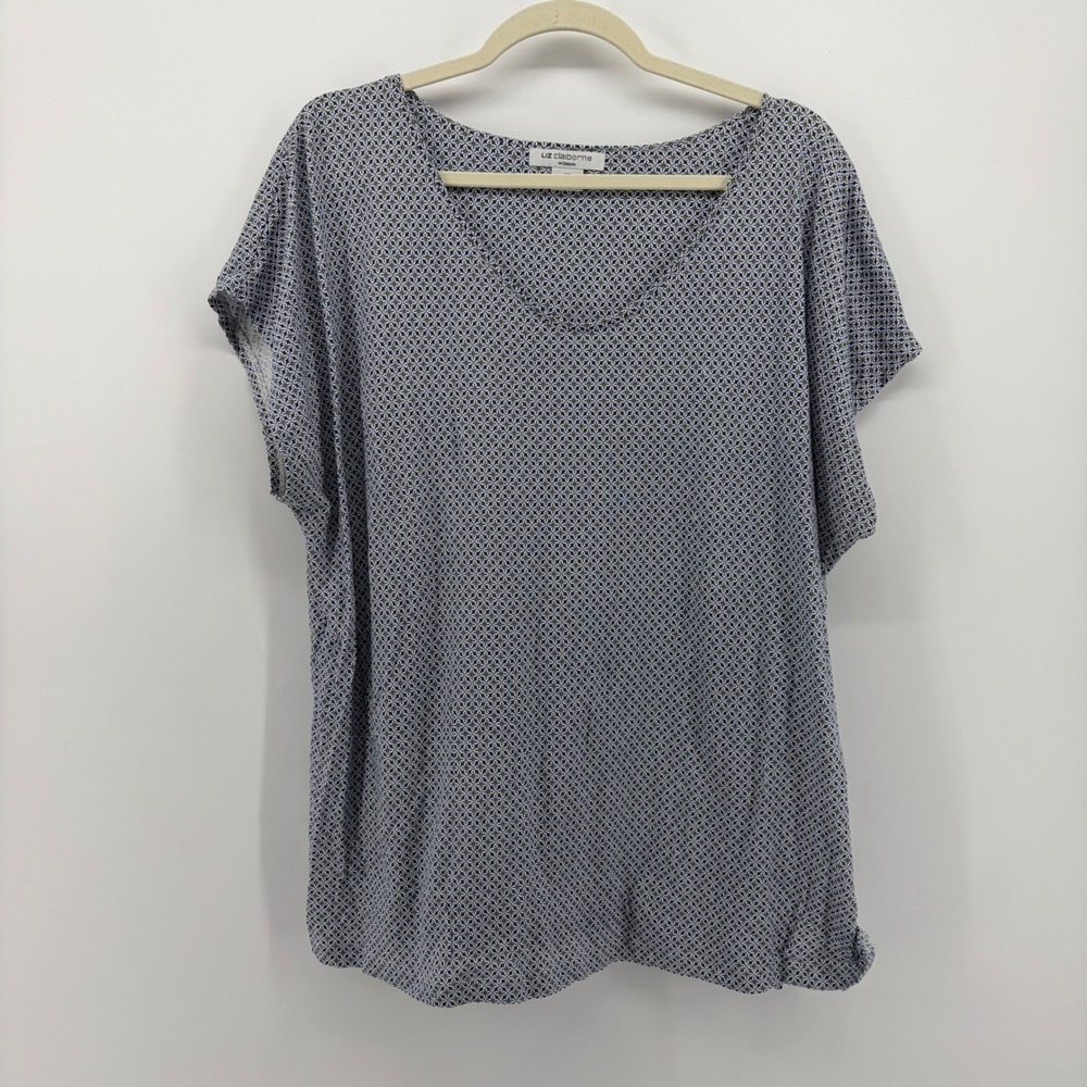 Liz Claiborne Womens 2X Blue Floral V-Neck Short Sleeve Cotton Modal Top